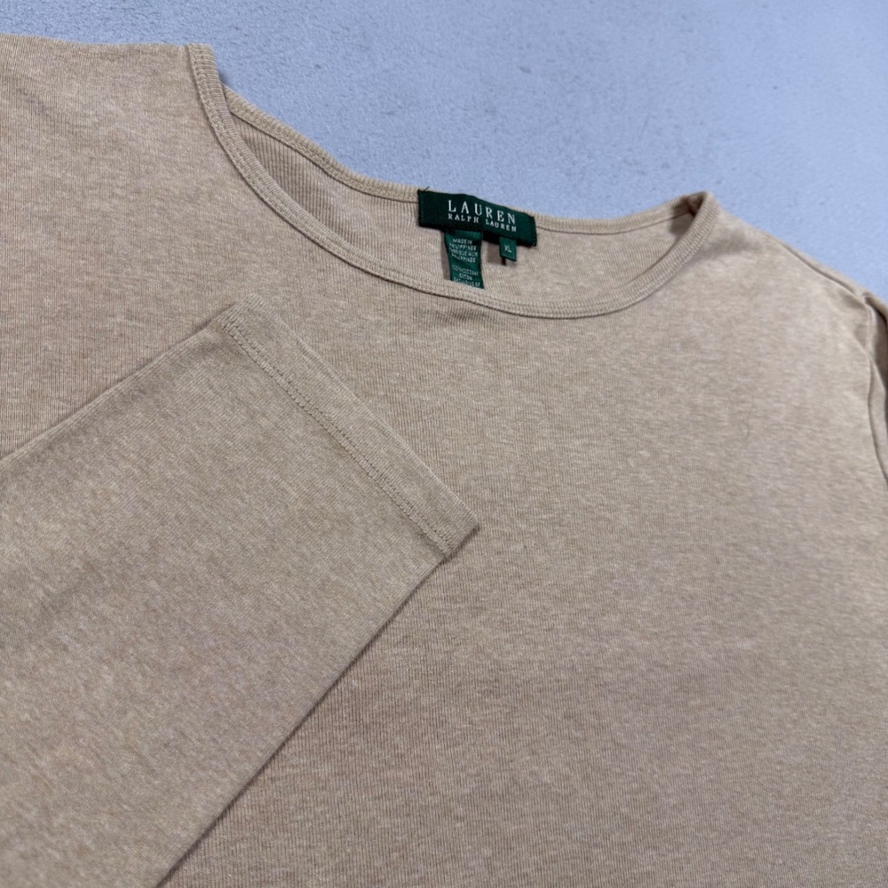 Lauren Ralph Lauren Tan Beige Cotton Ribbed Long Sleeve Scoop Neck Top XL